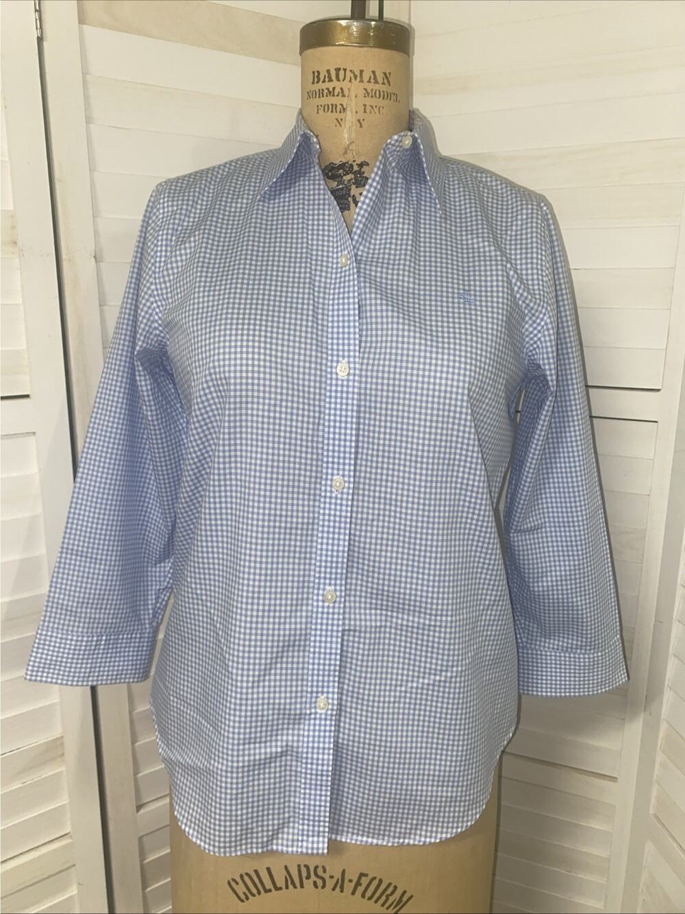 Ralph Lauren Women's Medium Long Sleeve Gingham Checked Blouse Shirt Blue White
